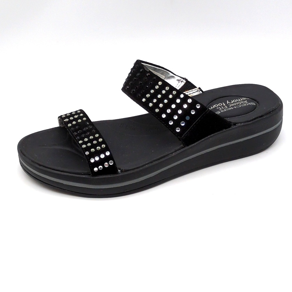 Skechers Shoes Womens Black 8 Slide Sandals Rhinestones Relaxed Fit Memory Foam